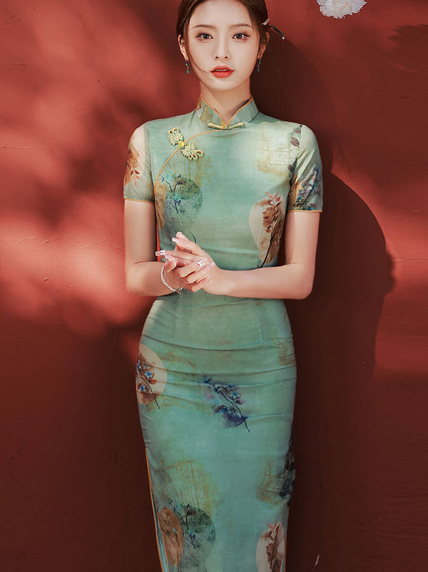2024 Green Floral Linen Cheongsam Qipao Dress