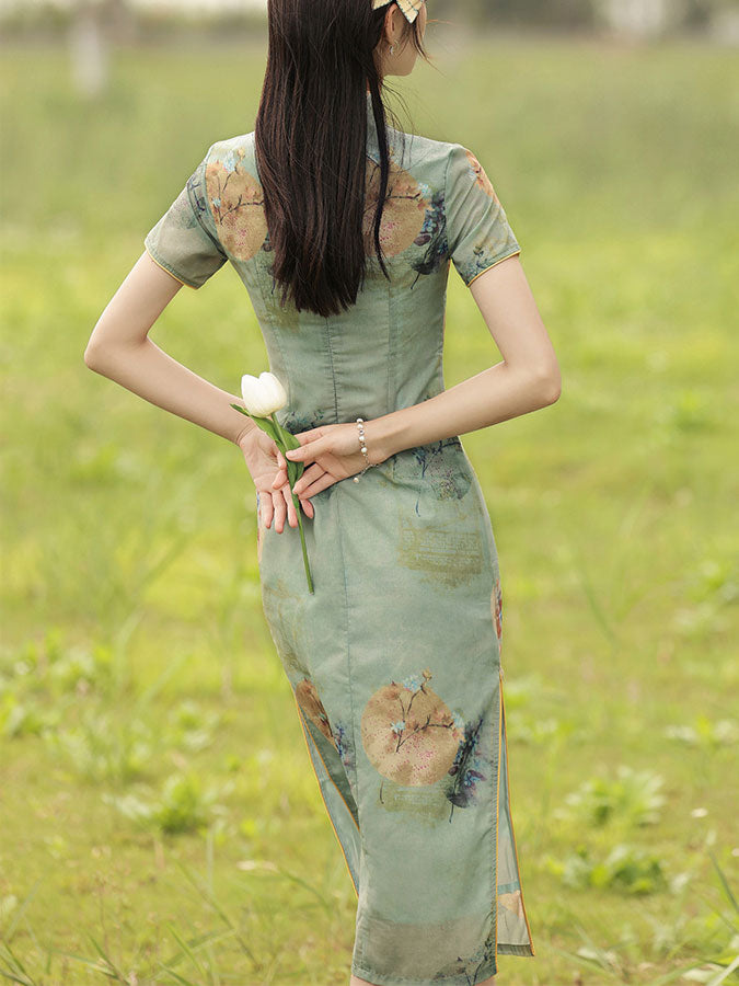 2024 Green Floral Linen Cheongsam Qipao Dress