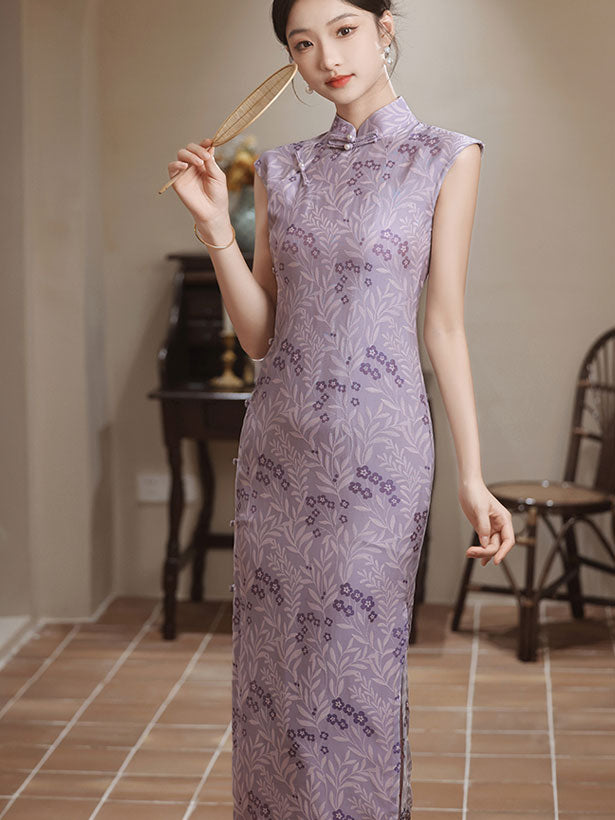 2024 Purple Floral Cheongsam Qipao Dress
