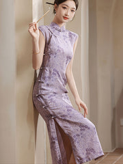 2024 Purple Floral Cheongsam Qipao Dress