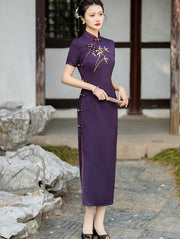 2024 Purple Embroidered Bamboo Cheongsam Qipao Dress