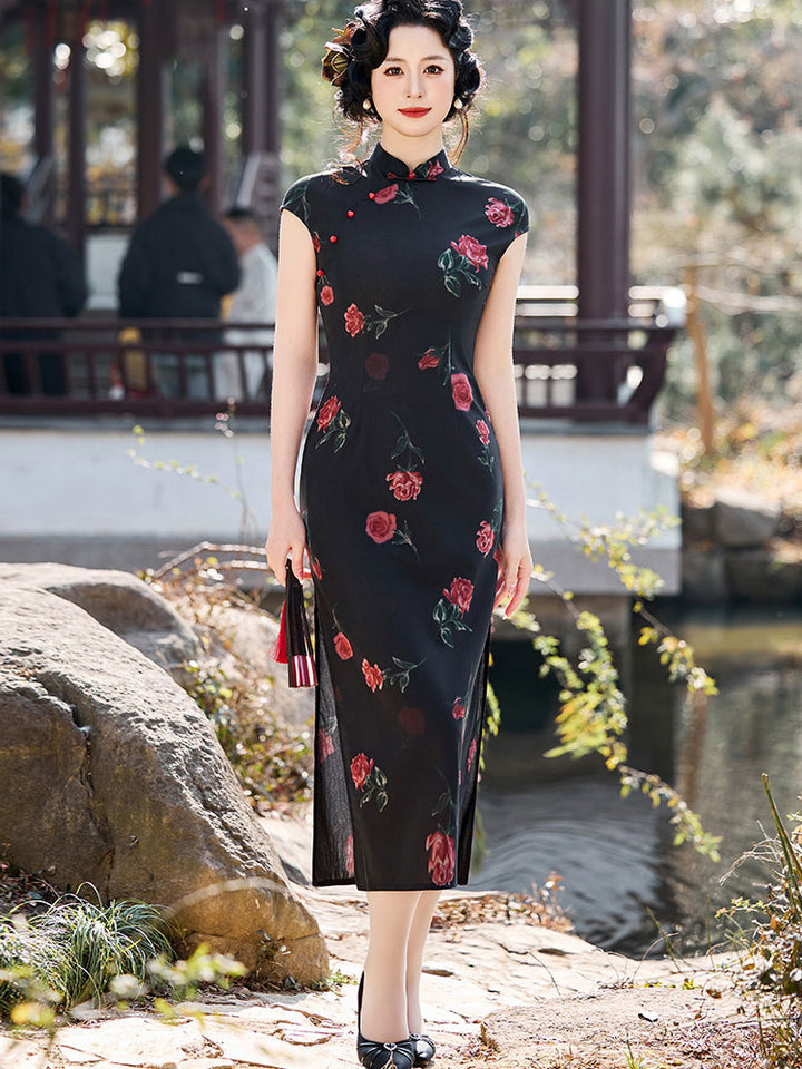 2026 Black Rose Print Cheongsam Qipao Dress
