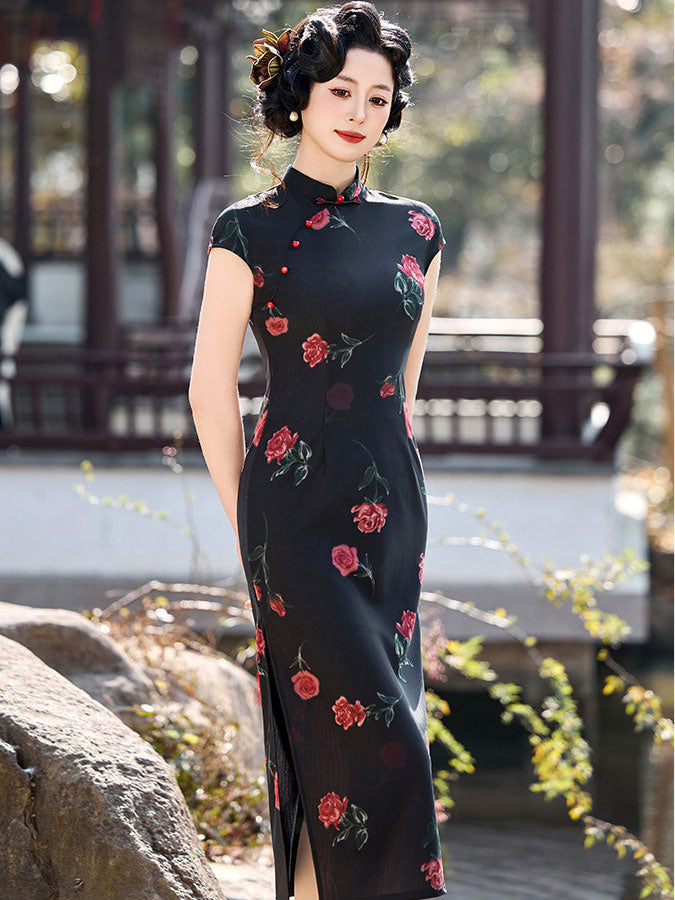 2026 Black Rose Print Cheongsam Qipao Dress