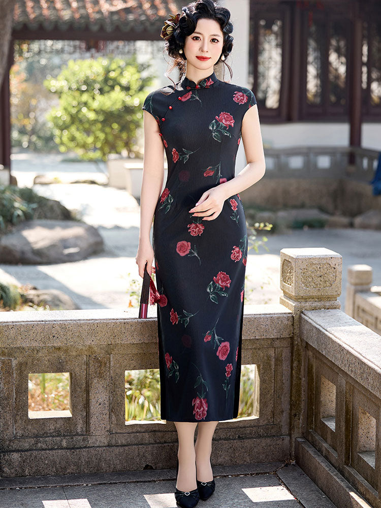2026 Black Rose Print Cheongsam Qipao Dress