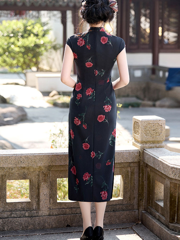 2026 Black Rose Print Cheongsam Qipao Dress