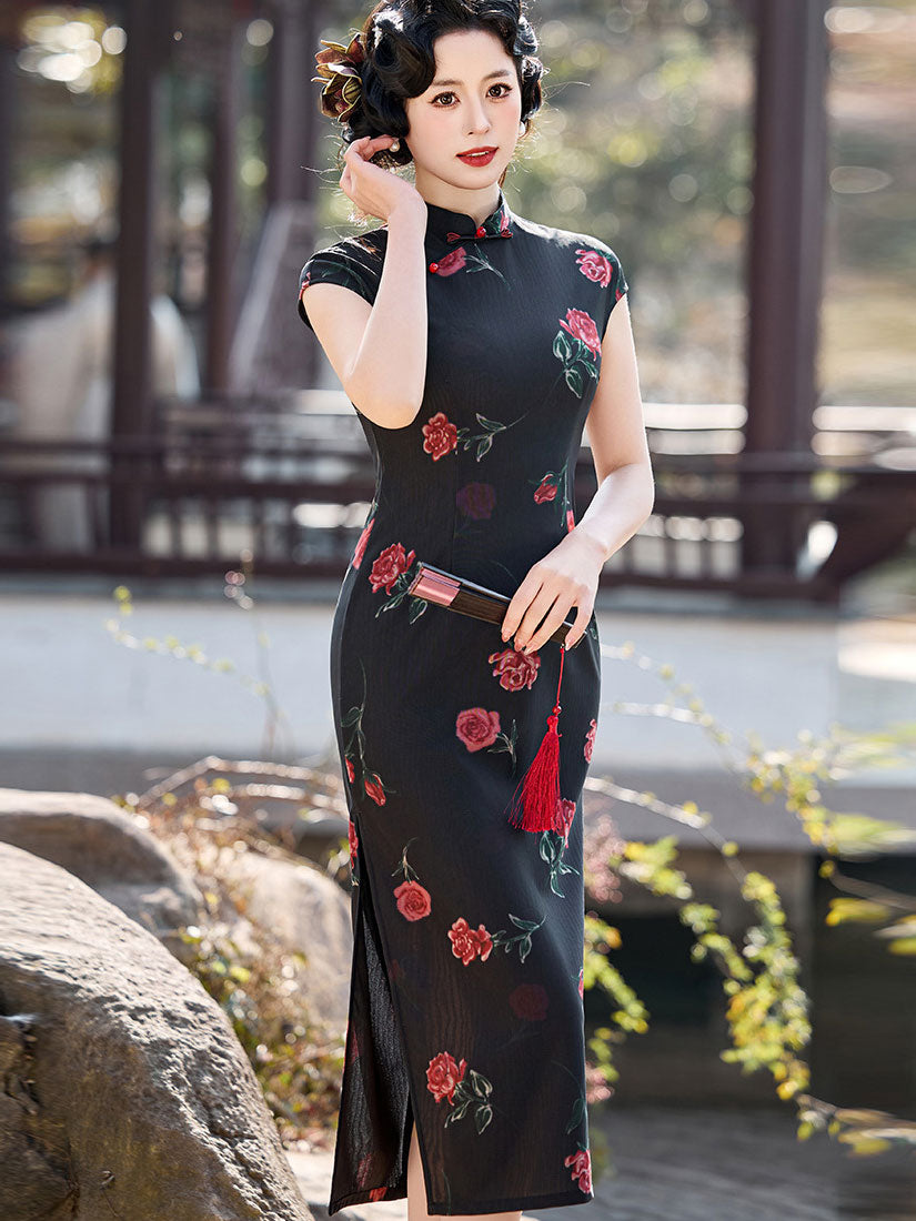 2026 Black Rose Print Cheongsam Qipao Dress