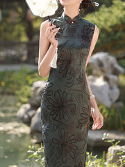 2024 Green Floral Print Cheongsam Qipao Dress