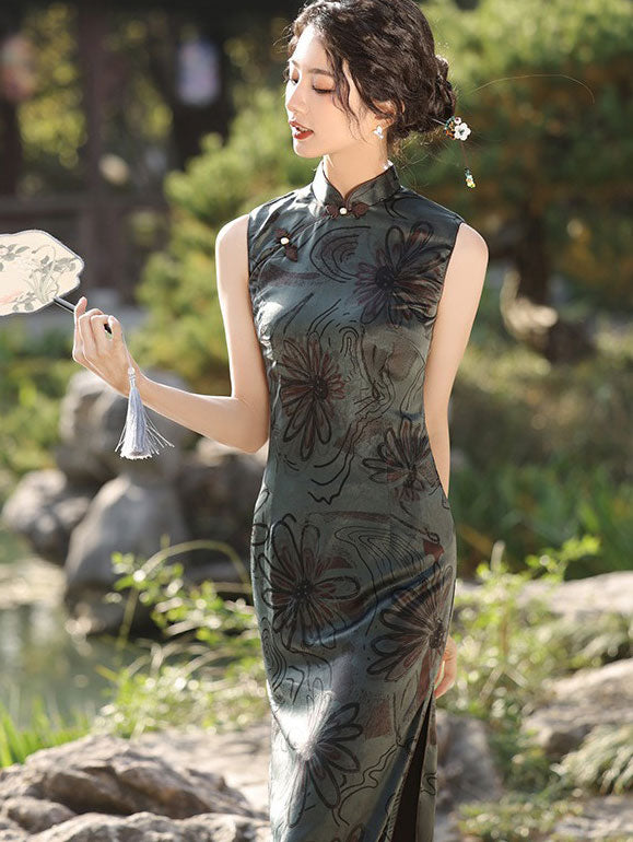 2024 Green Floral Print Cheongsam Qipao Dress