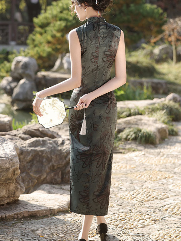 2024 Green Floral Print Cheongsam Qipao Dress