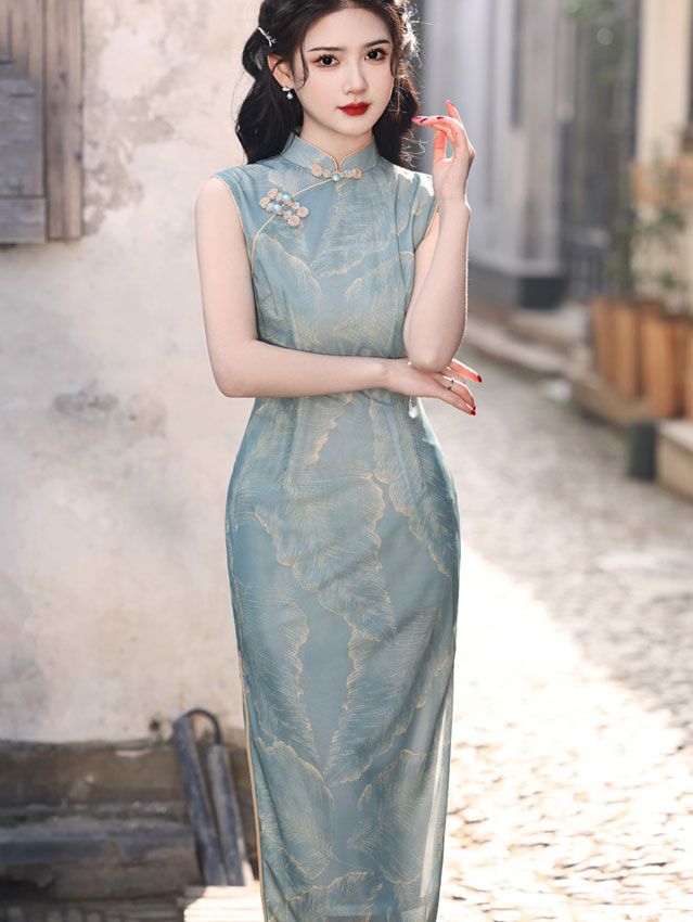 2024 Blue Leaf Print Midi Cheongsam Qipao Dress