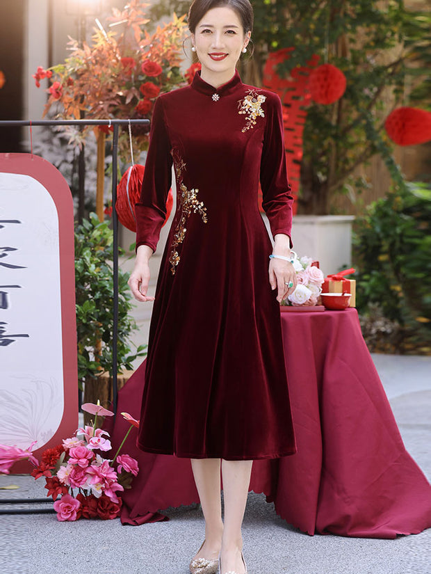 Red Velvet Mothers A-Line Wedding Cheongsam Qipao Dress