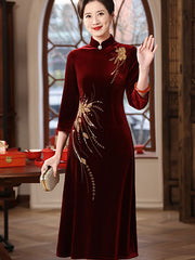 Red Velvet Mothers A-Line Wedding Cheongsam Qipao Dress