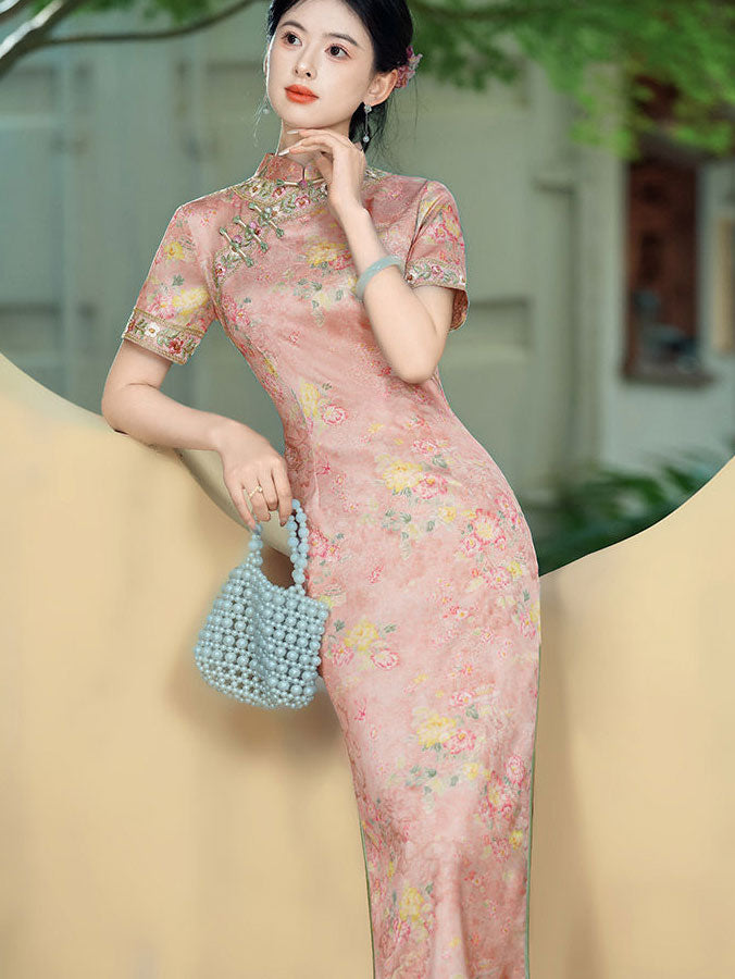 2026 Pink Floral Print Long Cheongsam Qipao Dress