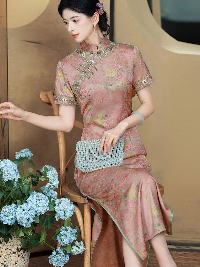 2026 Pink Floral Print Long Cheongsam Qipao Dress