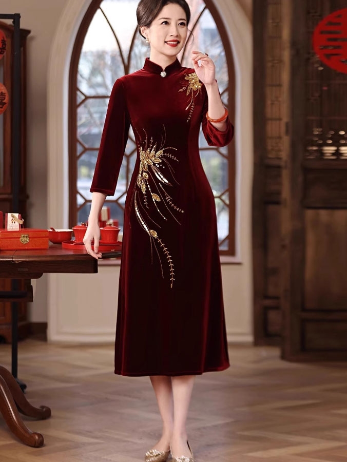 Red Velvet Mothers A-Line Wedding Cheongsam Qipao Dress