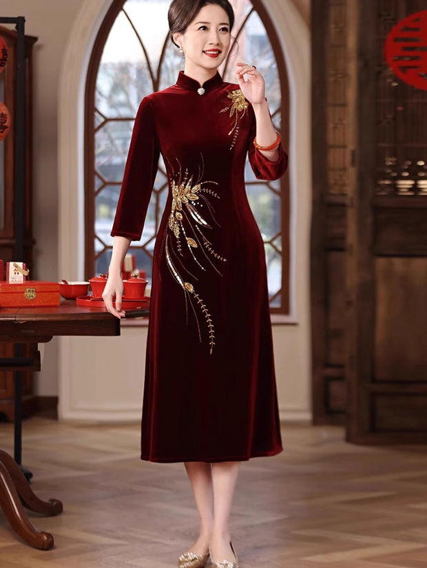 Red Velvet Mothers A-Line Wedding Cheongsam Qipao Dress