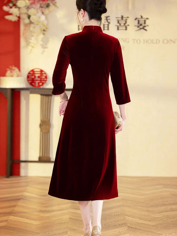 Red Velvet Mothers A-Line Wedding Cheongsam Qipao Dress