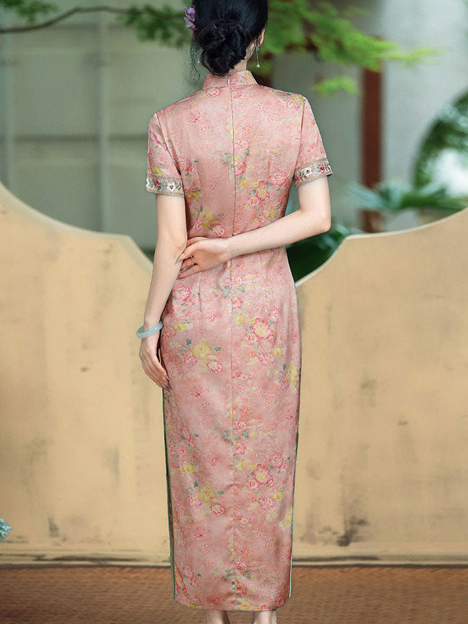 2026 Pink Floral Print Long Cheongsam Qipao Dress