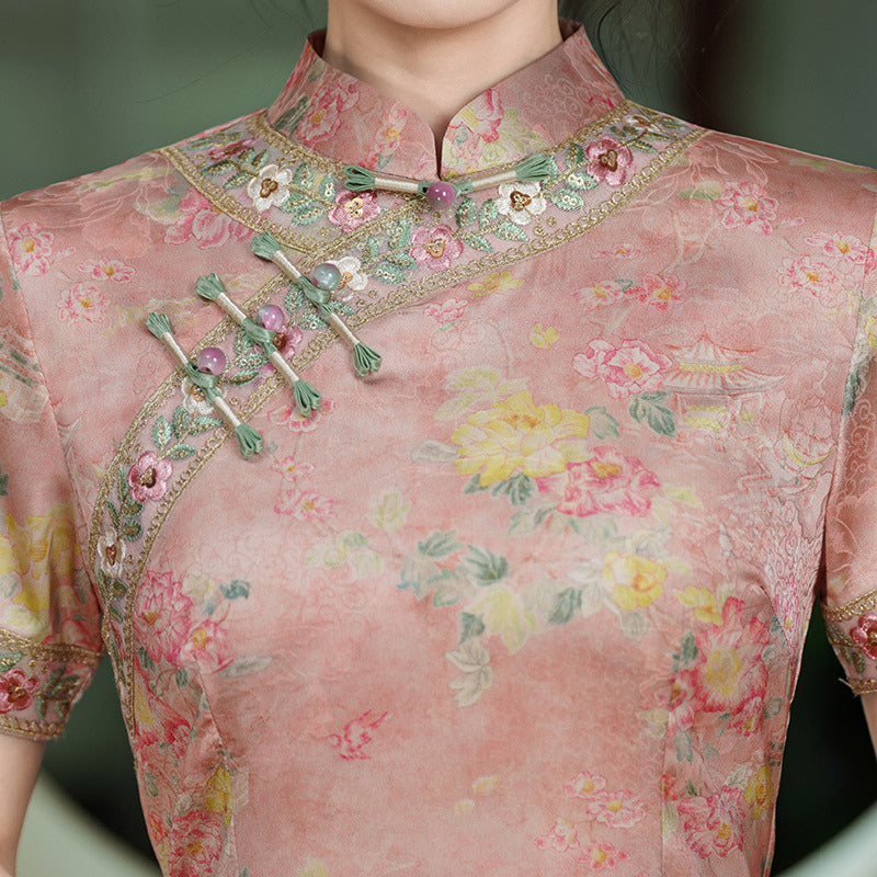 2026 Pink Floral Print Long Cheongsam Qipao Dress