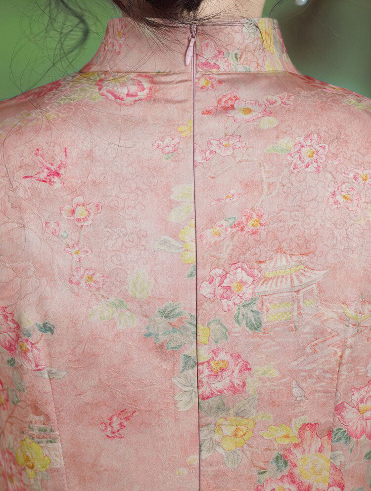 2026 Pink Floral Print Long Cheongsam Qipao Dress