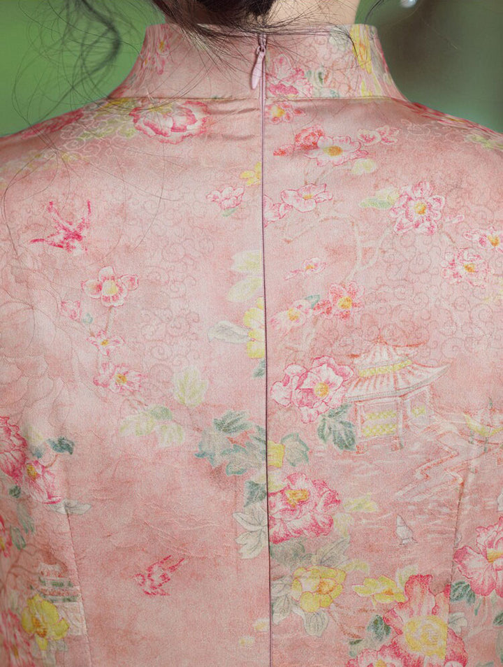 2026 Pink Floral Print Long Cheongsam Qipao Dress