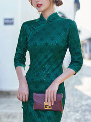 Green Mothers Sequined Lace Cheongsam Qipao Dress