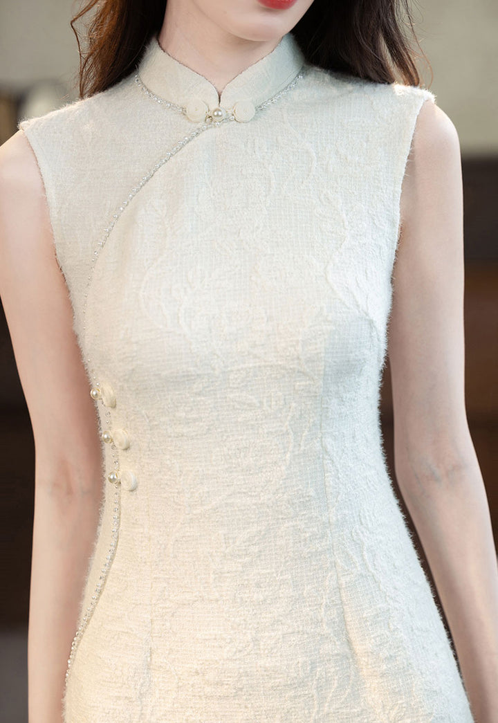 White Blue Jacquard Sleeveless Midi Cheongsam Qipao Dress