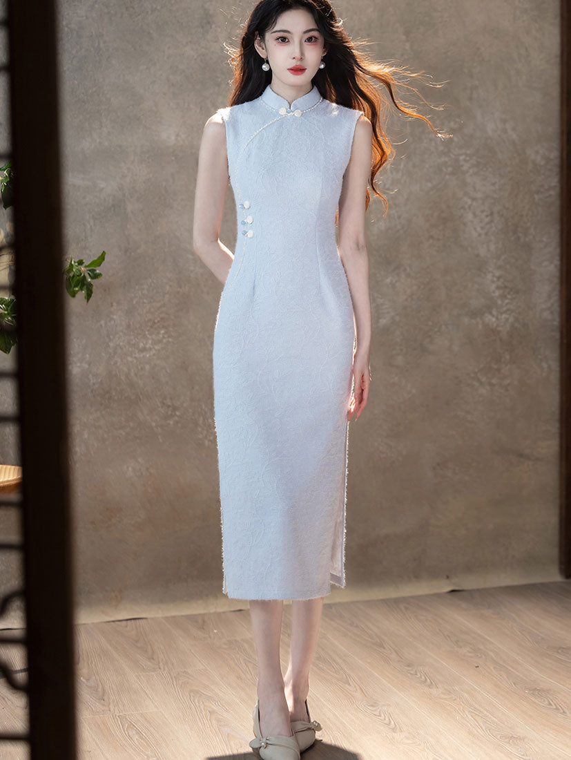 White Blue Jacquard Sleeveless Midi Cheongsam Qipao Dress