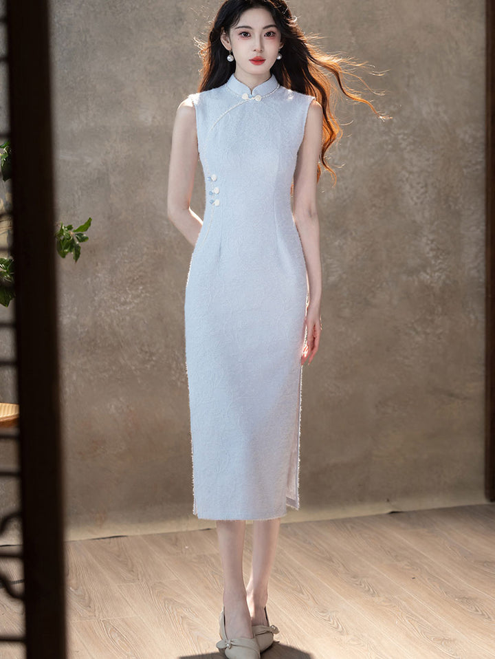 White Blue Jacquard Sleeveless Midi Cheongsam Qipao Dress