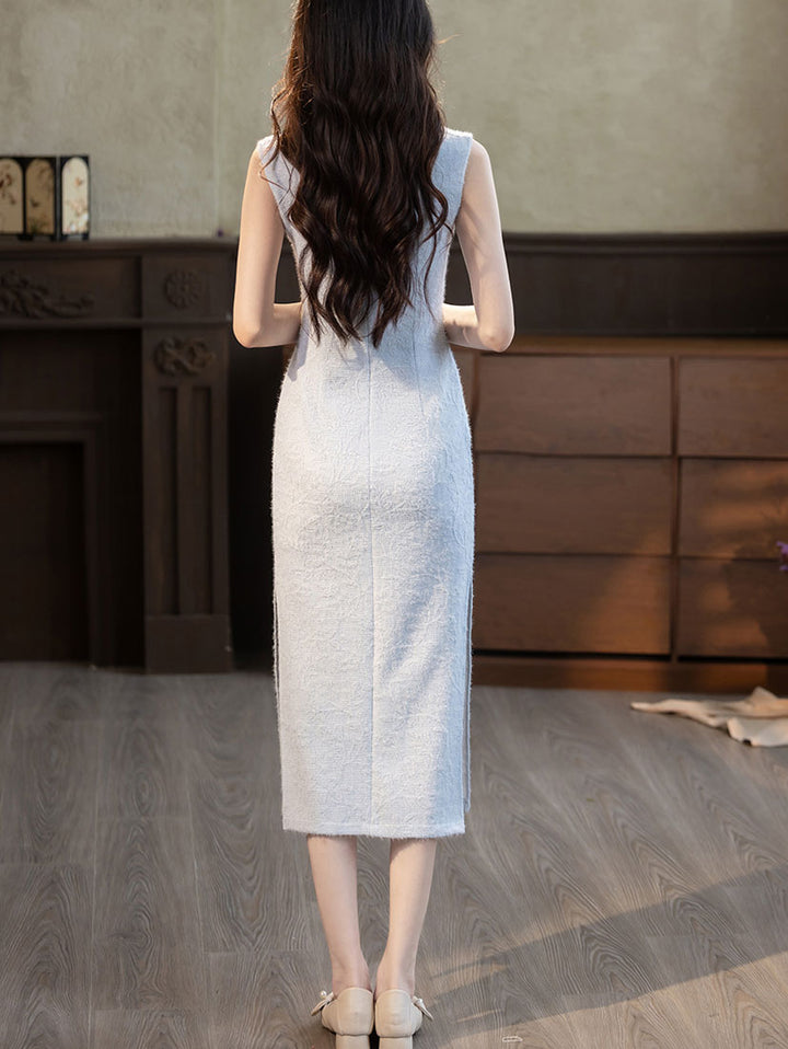 White Blue Jacquard Sleeveless Midi Cheongsam Qipao Dress