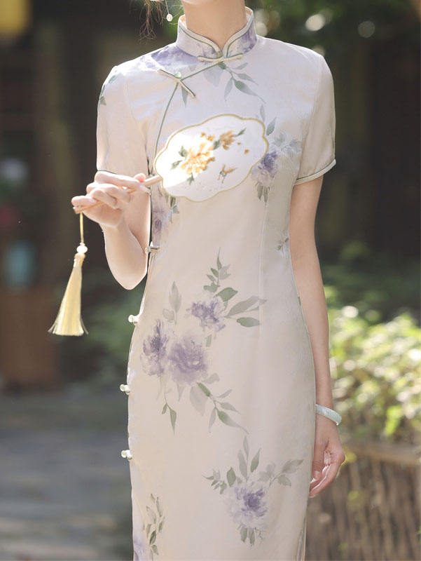 2024 Summer Floral Print Midi Cheongsam Qipao Dress