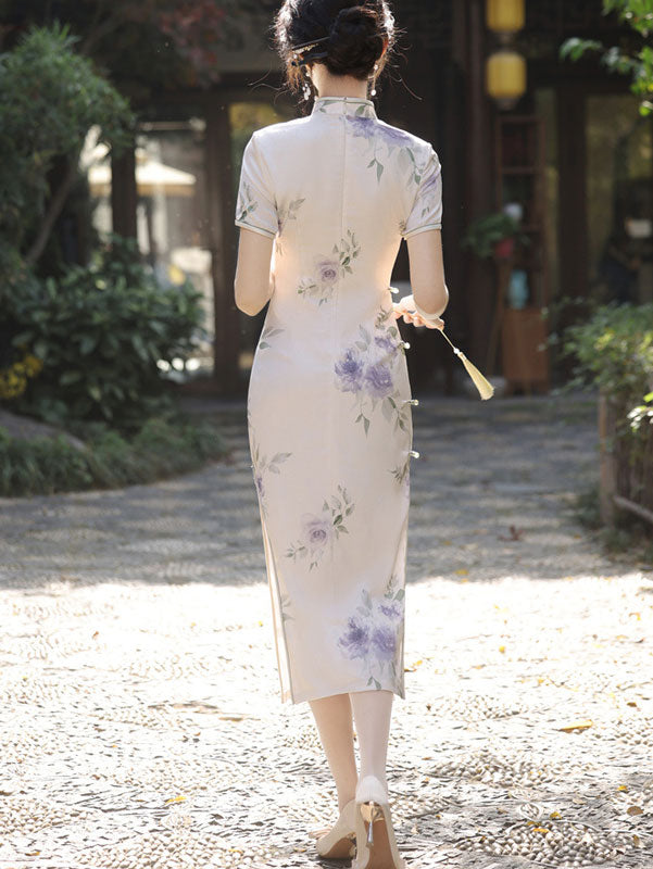2024 Summer Floral Print Midi Cheongsam Qipao Dress