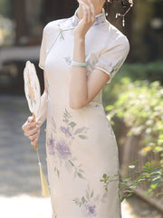 2024 Summer Floral Print Midi Cheongsam Qipao Dress