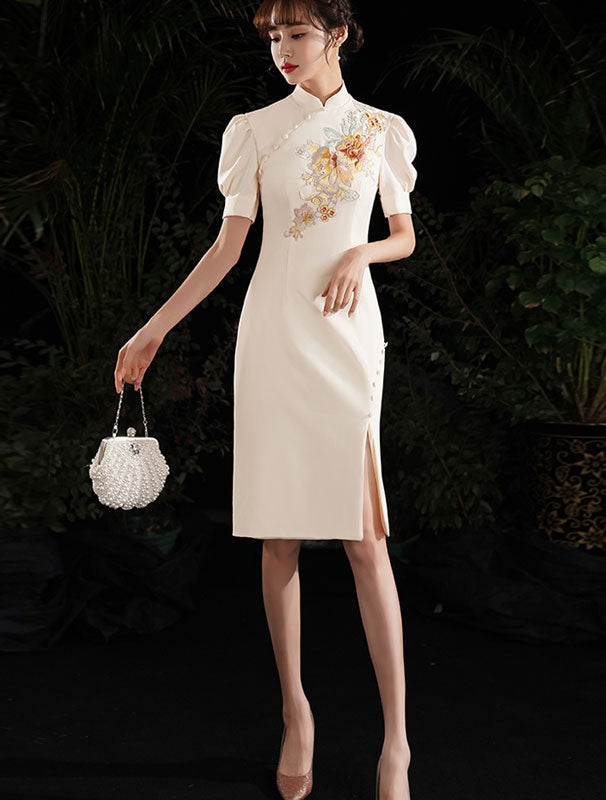 Gray White Embroidered Puff Sleeve Midi Cheongsam Dress