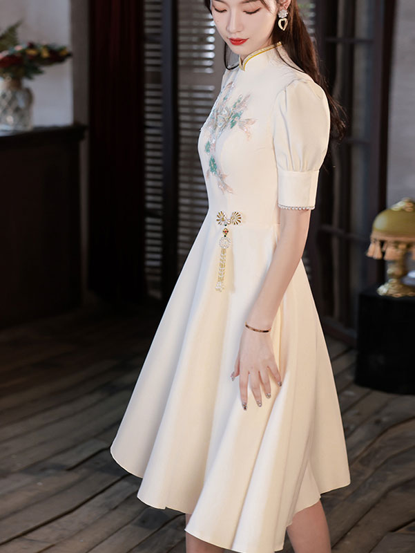 Champagne Midi A-Line Appliques Cheongsam Prom Dress