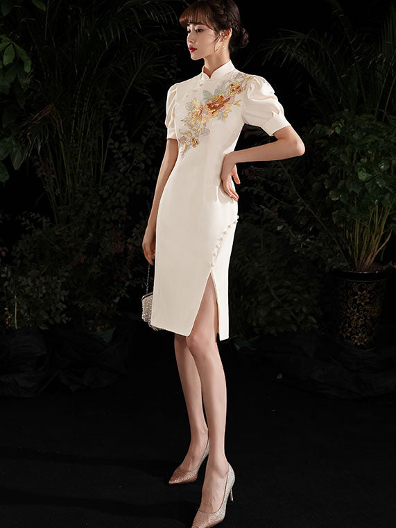Gray White Embroidered Puff Sleeve Midi Cheongsam Dress