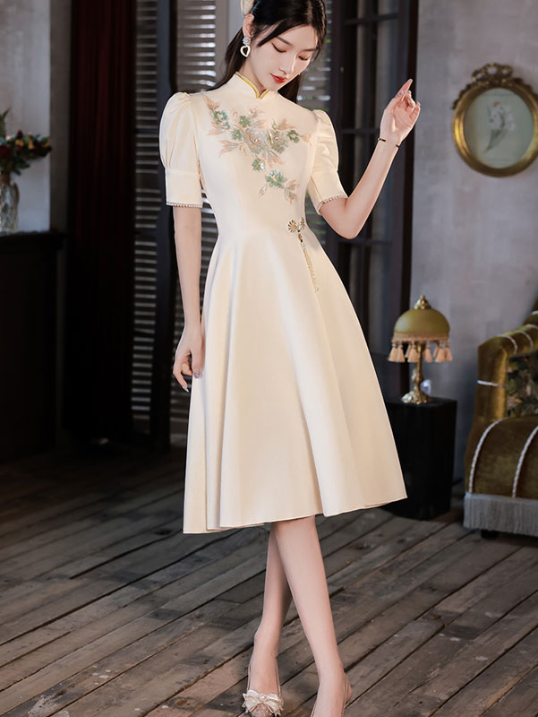 Champagne Midi A-Line Appliques Cheongsam Prom Dress
