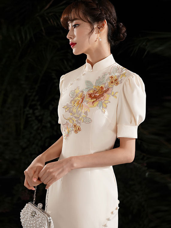 Gray White Embroidered Puff Sleeve Midi Cheongsam Dress