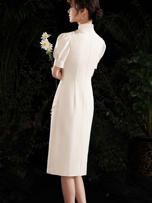 Gray White Embroidered Puff Sleeve Midi Cheongsam Dress