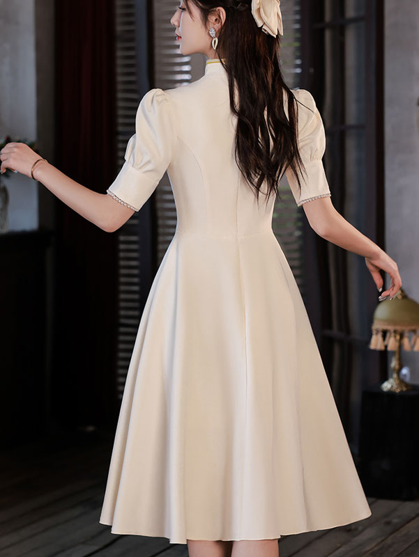 Champagne Midi A-Line Appliques Cheongsam Prom Dress