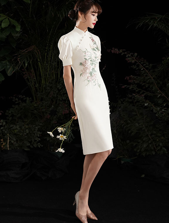 Gray White Embroidered Puff Sleeve Midi Cheongsam Dress