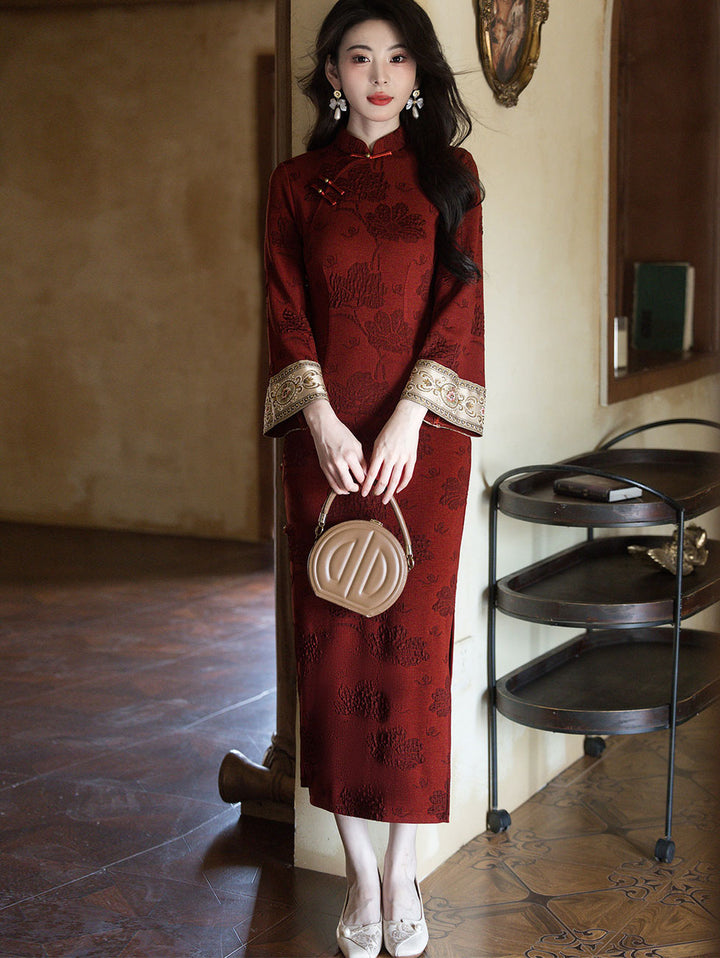 Red Jacquard Winter Maxi Cheongsam Qipao Dress