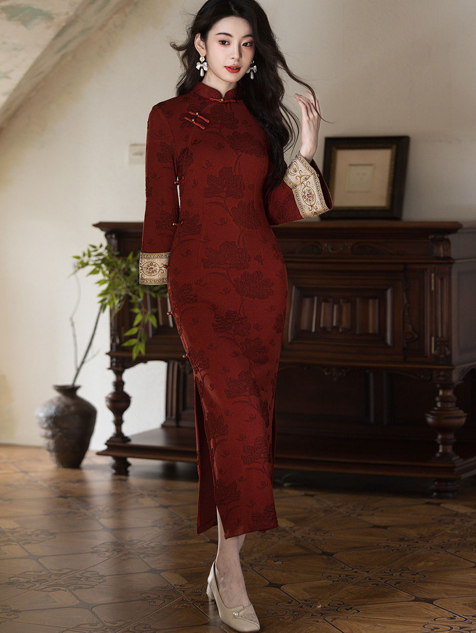 Red Jacquard Winter Maxi Cheongsam Qipao Dress