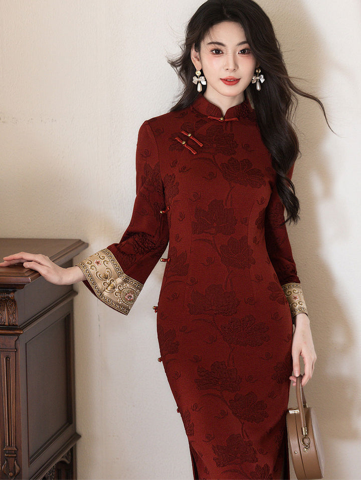 Red Jacquard Winter Maxi Cheongsam Qipao Dress