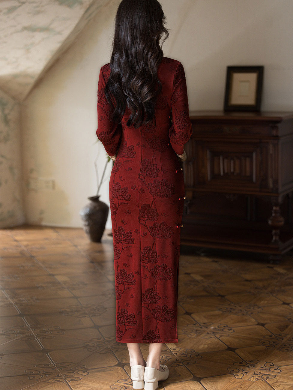 Red Jacquard Winter Maxi Cheongsam Qipao Dress