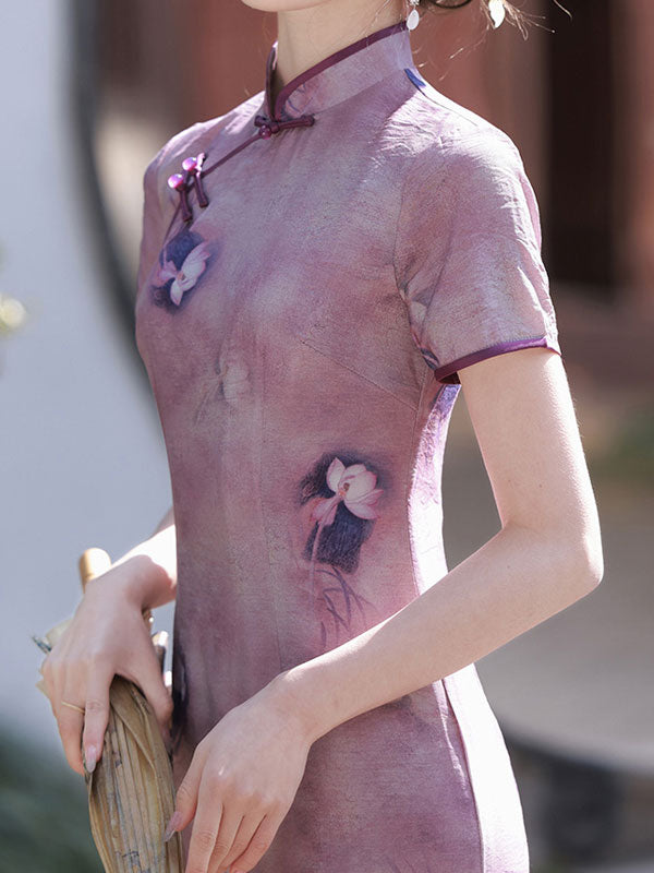 2024 Purple Floral Linen Cheongsam Qipao Dress