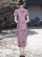 2024 Purple Floral Linen Cheongsam Qipao Dress
