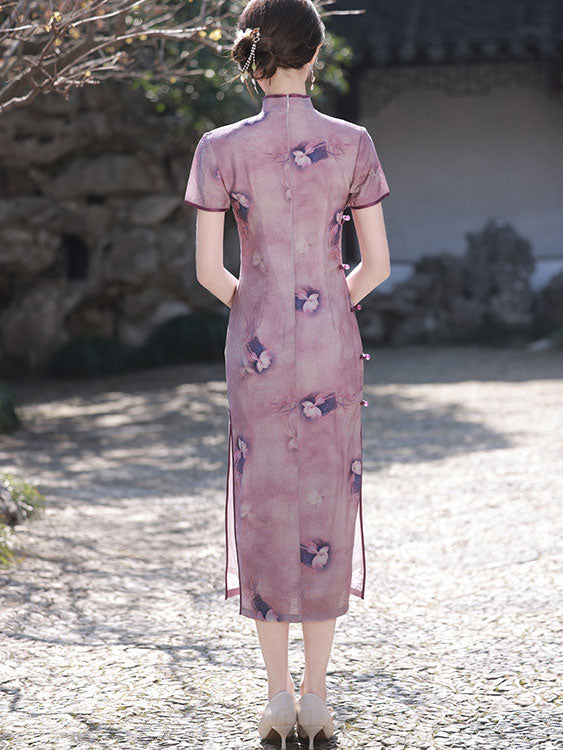 2024 Purple Floral Linen Cheongsam Qipao Dress