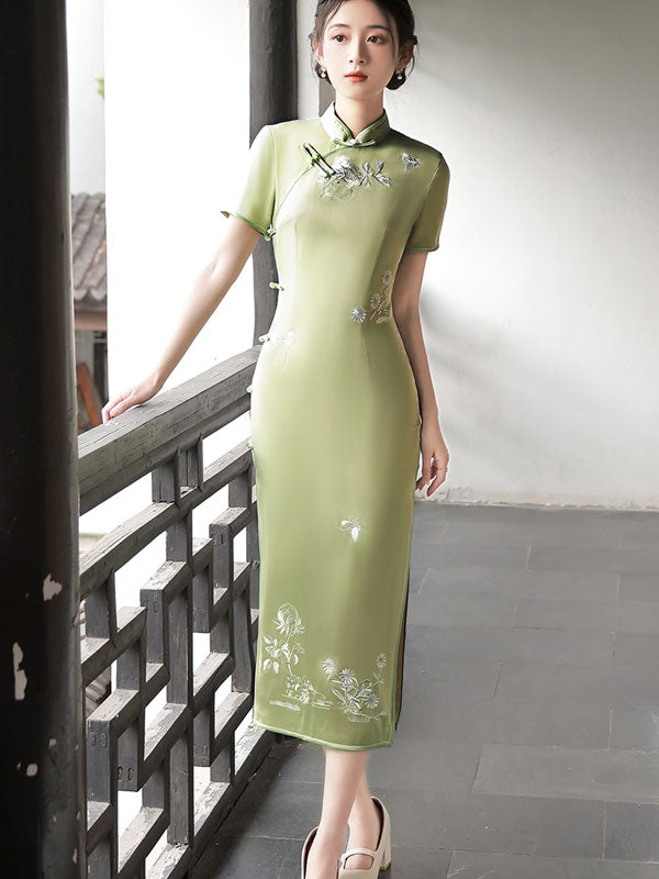 2024 Green Embroidered Cheongsam Qipao Dress