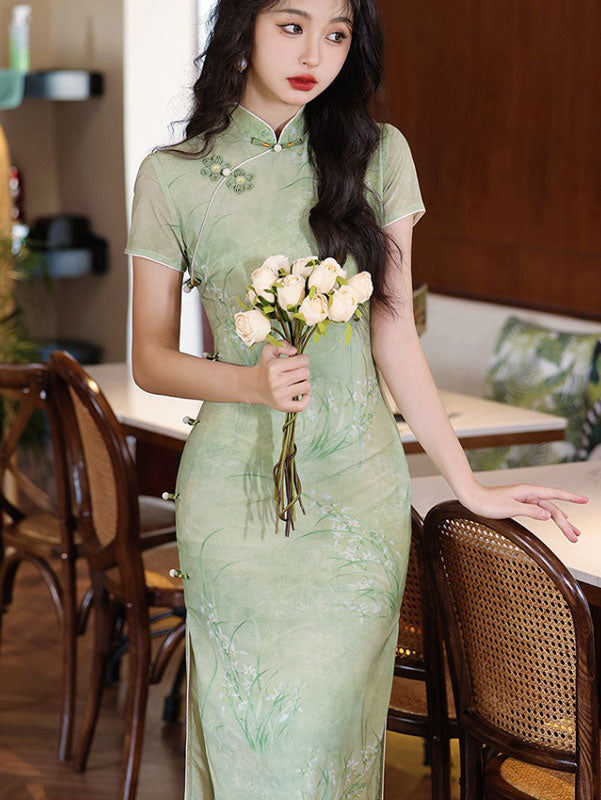 2024 Summer Green Floral Print Cheongsam Qipao Dress